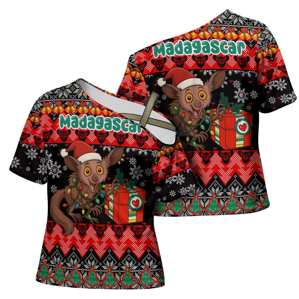 Madagascar Christmas Cross Shoulder Shirt with Aye Aye Lemur Santa Hat Holiday Lights and Gift Box Pattern - Wonder Print Shop