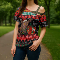 Madagascar Christmas Cross Shoulder Shirt with Aye Aye Lemur Santa Hat Holiday Lights and Gift Box Pattern - Wonder Print Shop