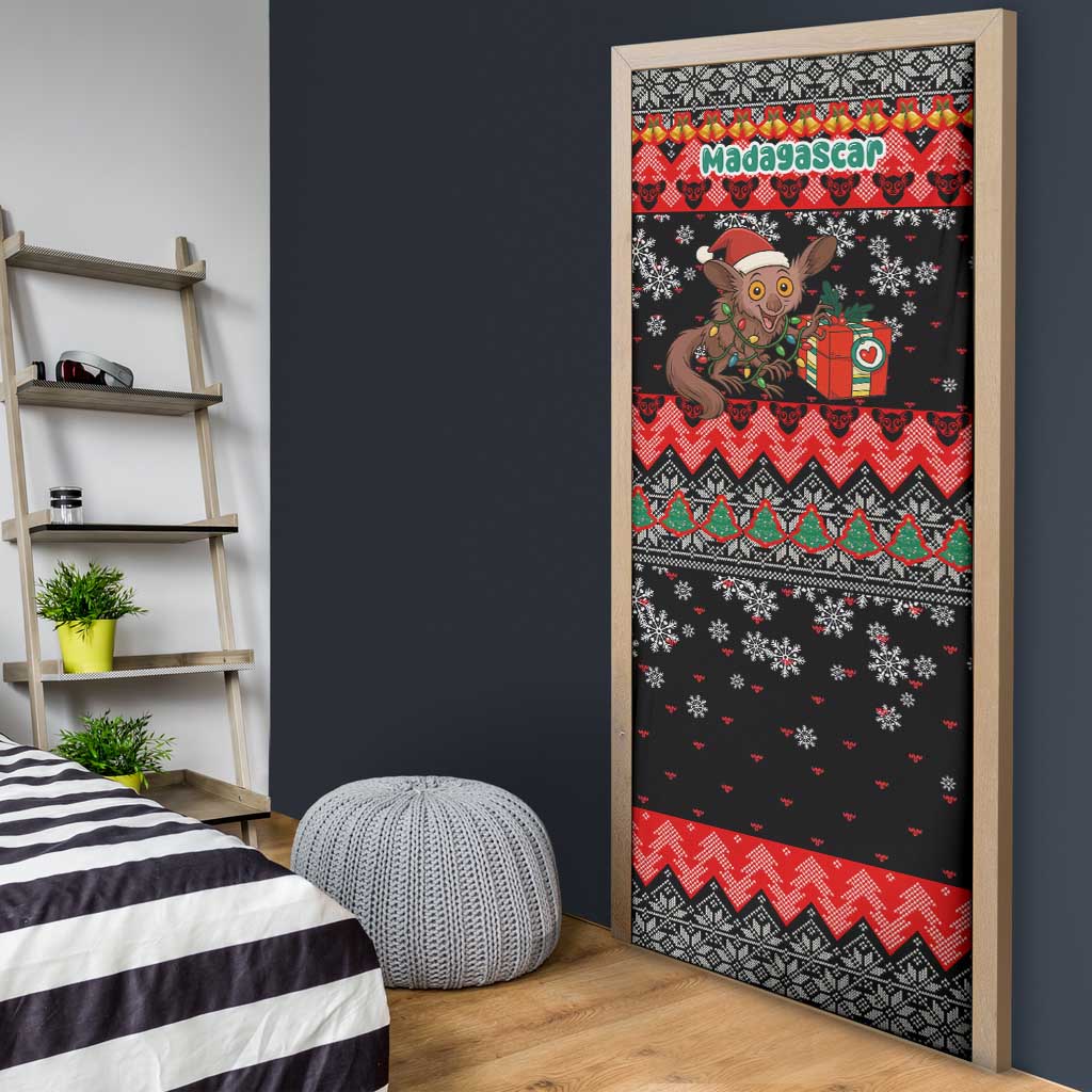 Madagascar Christmas Door Cover with Aye Aye Lemur Santa Hat Holiday Lights and Gift Box Pattern - Wonder Print Shop