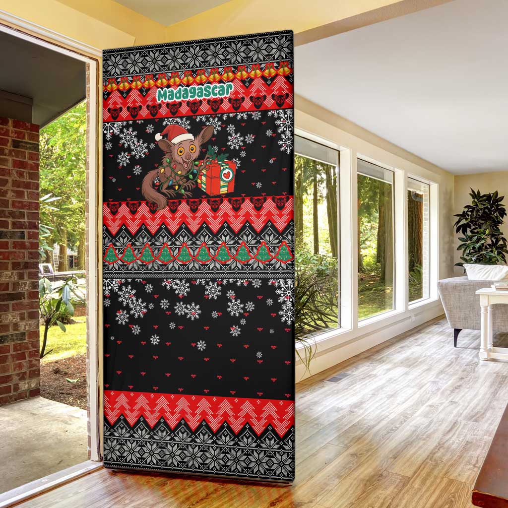 Madagascar Christmas Door Cover with Aye Aye Lemur Santa Hat Holiday Lights and Gift Box Pattern - Wonder Print Shop