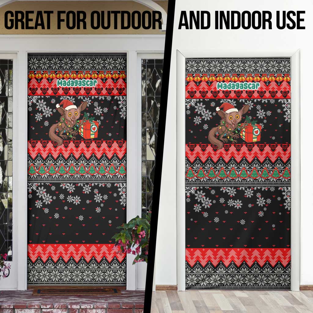 Madagascar Christmas Door Cover with Aye Aye Lemur Santa Hat Holiday Lights and Gift Box Pattern - Wonder Print Shop