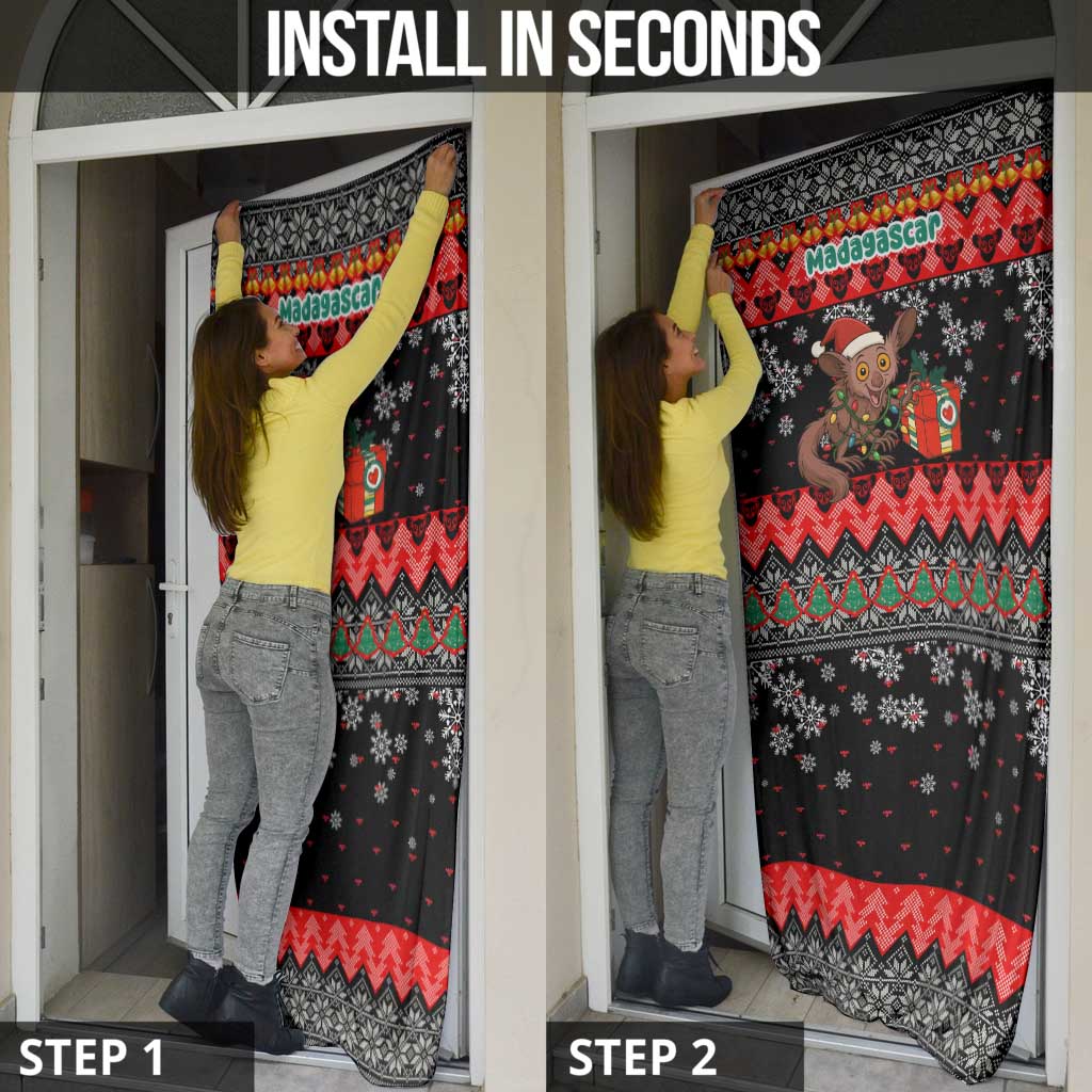Madagascar Christmas Door Cover with Aye Aye Lemur Santa Hat Holiday Lights and Gift Box Pattern - Wonder Print Shop