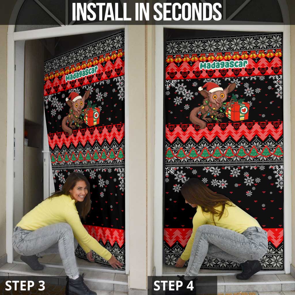 Madagascar Christmas Door Cover with Aye Aye Lemur Santa Hat Holiday Lights and Gift Box Pattern - Wonder Print Shop