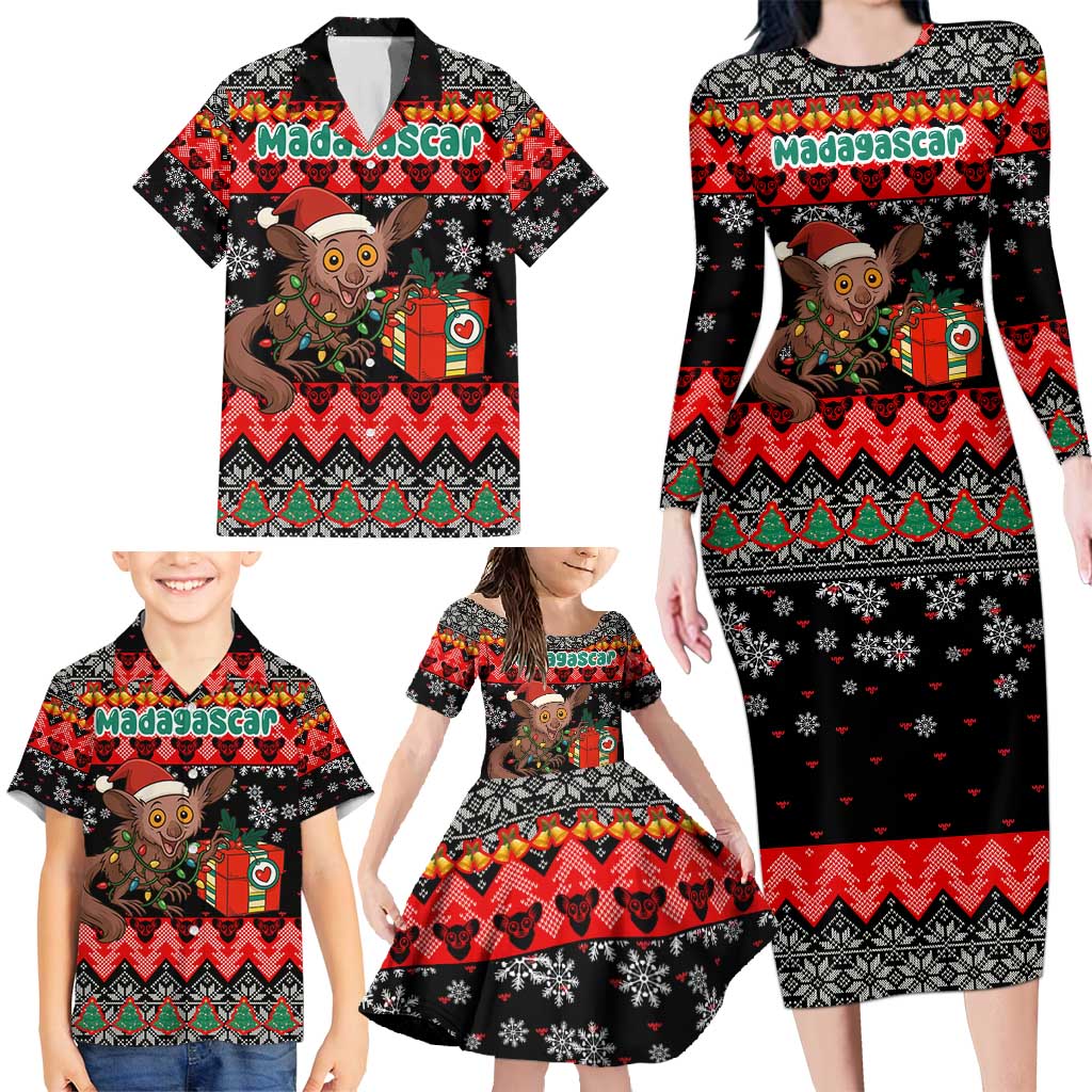 Madagascar Christmas Family Matching Long Sleeve Bodycon Dress and Hawaiian Shirt with Aye Aye Lemur Santa Hat Holiday Lights and Gift Box Pattern - Wonder Print Shop