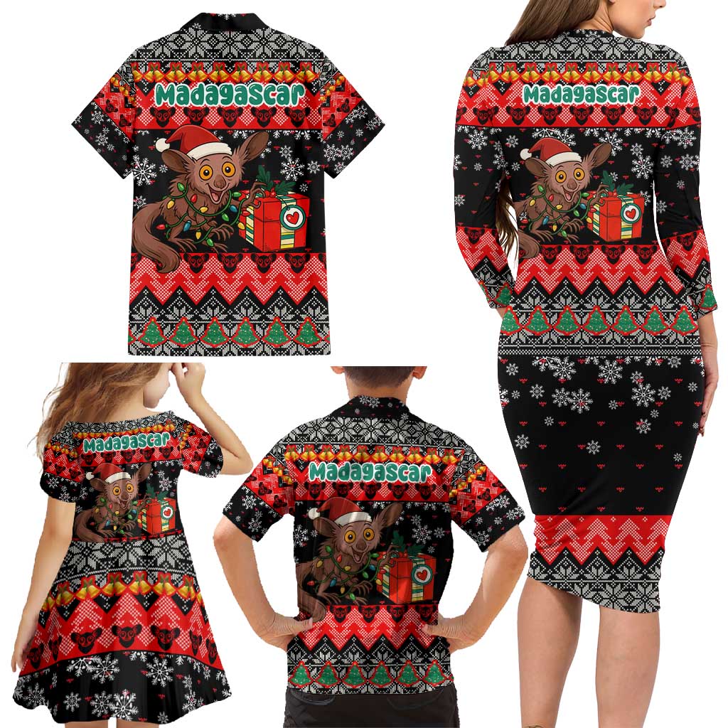 Madagascar Christmas Family Matching Long Sleeve Bodycon Dress and Hawaiian Shirt with Aye Aye Lemur Santa Hat Holiday Lights and Gift Box Pattern - Wonder Print Shop