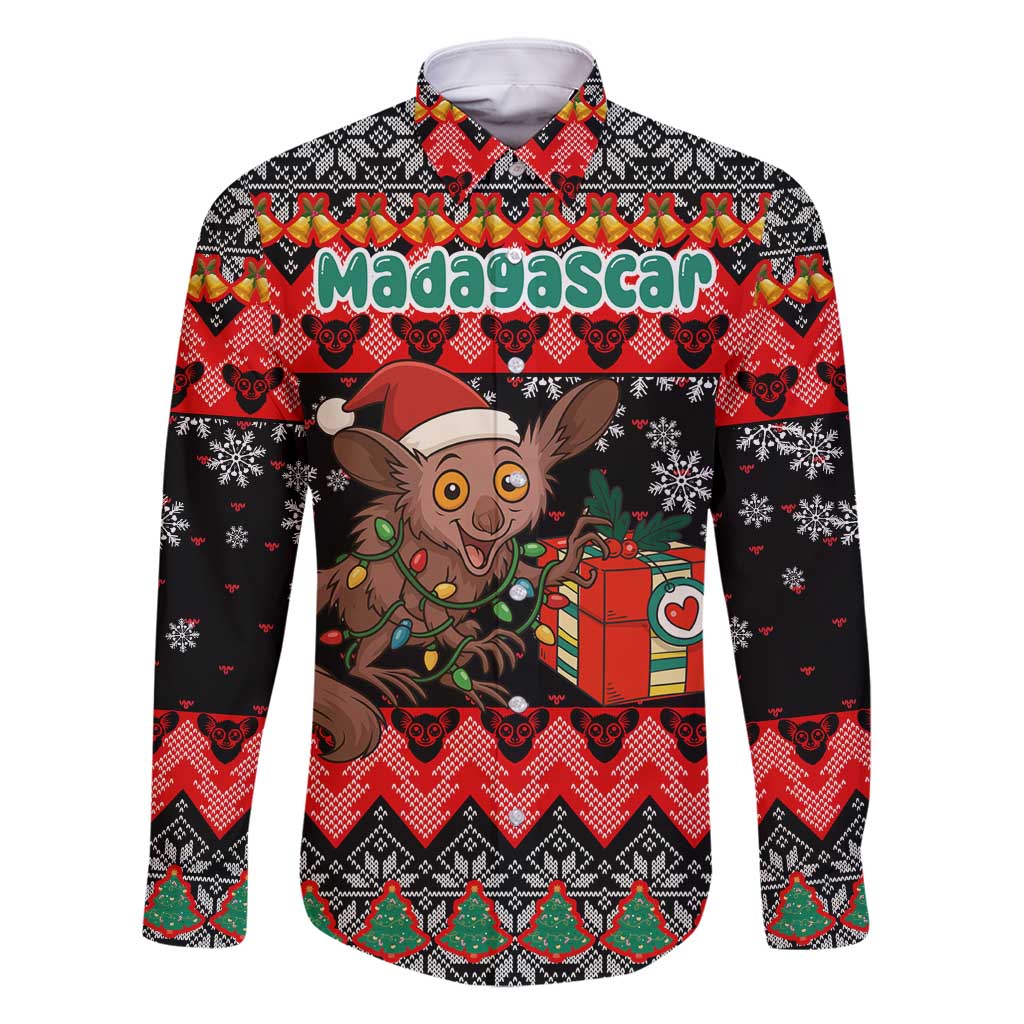 Madagascar Christmas Family Matching Long Sleeve Bodycon Dress and Hawaiian Shirt with Aye Aye Lemur Santa Hat Holiday Lights and Gift Box Pattern - Wonder Print Shop