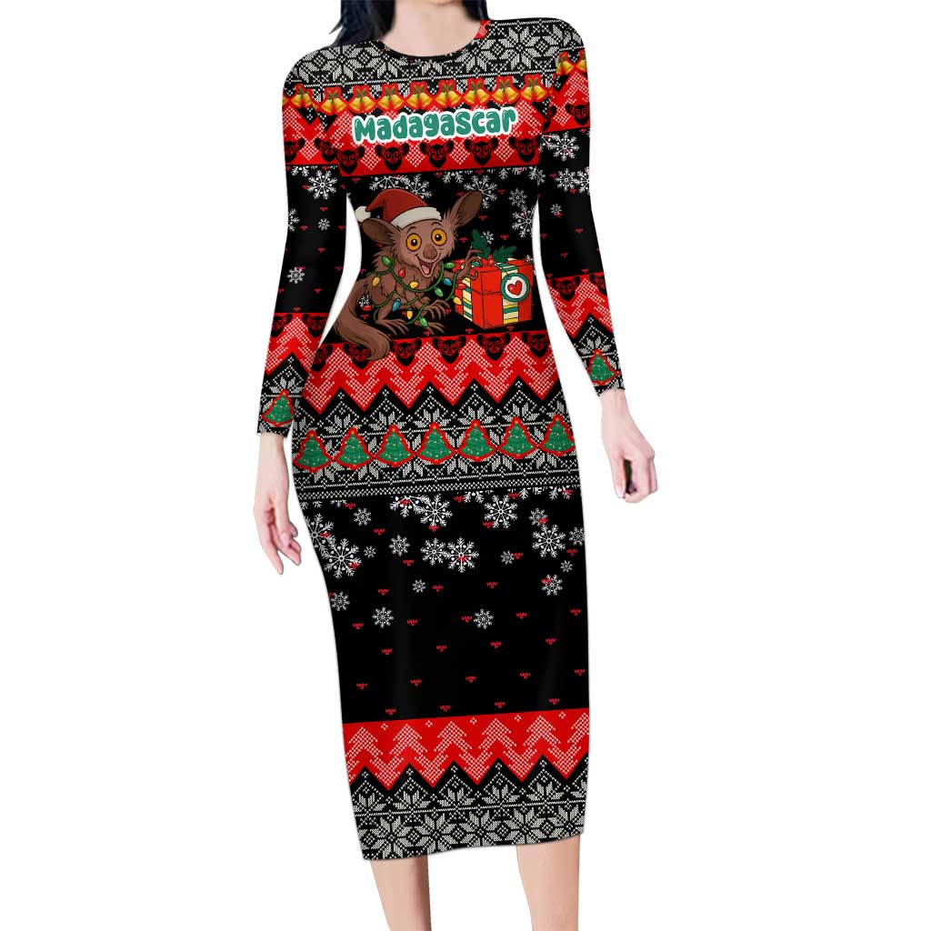 Madagascar Christmas Family Matching Long Sleeve Bodycon Dress and Hawaiian Shirt with Aye Aye Lemur Santa Hat Holiday Lights and Gift Box Pattern - Wonder Print Shop