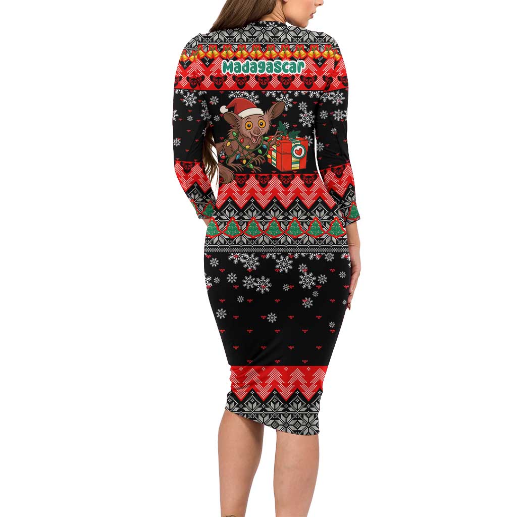 Madagascar Christmas Family Matching Long Sleeve Bodycon Dress and Hawaiian Shirt with Aye Aye Lemur Santa Hat Holiday Lights and Gift Box Pattern - Wonder Print Shop
