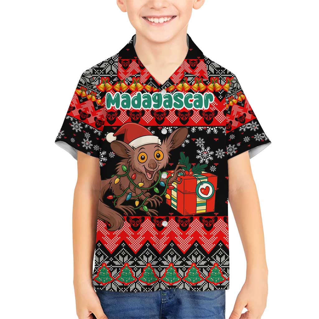 Madagascar Christmas Family Matching Long Sleeve Bodycon Dress and Hawaiian Shirt with Aye Aye Lemur Santa Hat Holiday Lights and Gift Box Pattern - Wonder Print Shop