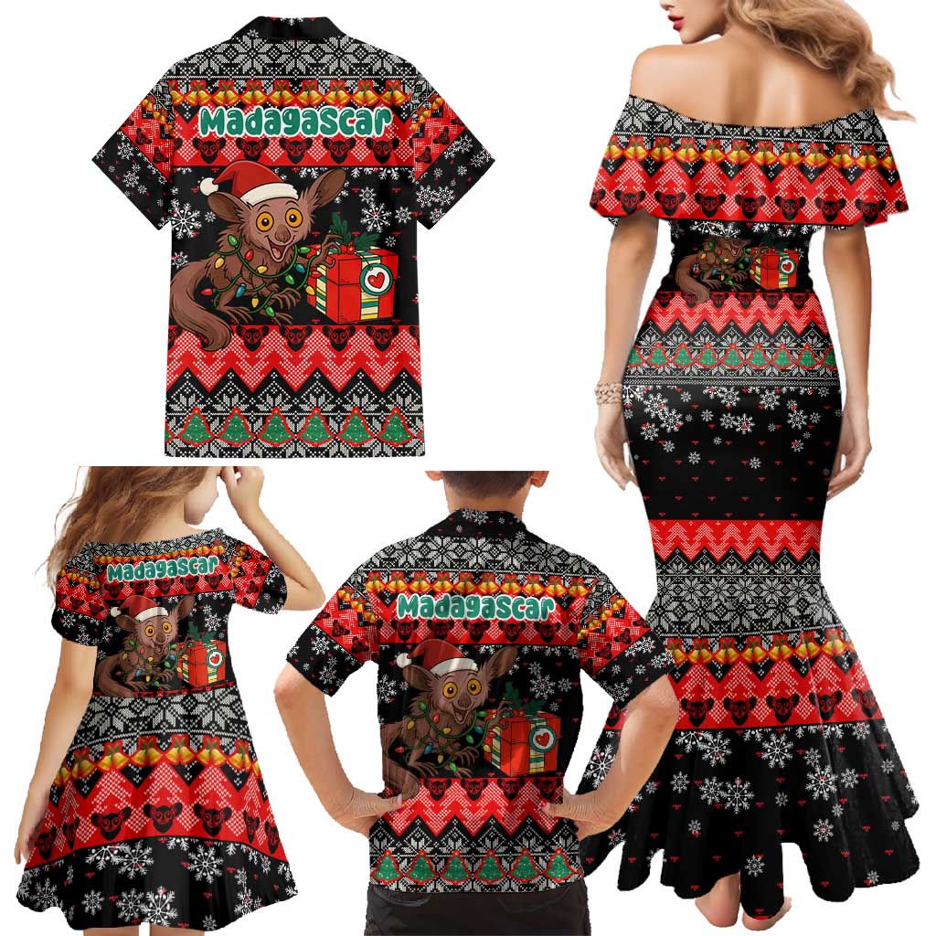 Madagascar Christmas Family Matching Mermaid Dress and Hawaiian Shirt with Aye Aye Lemur Santa Hat Holiday Lights and Gift Box Pattern - Wonder Print Shop