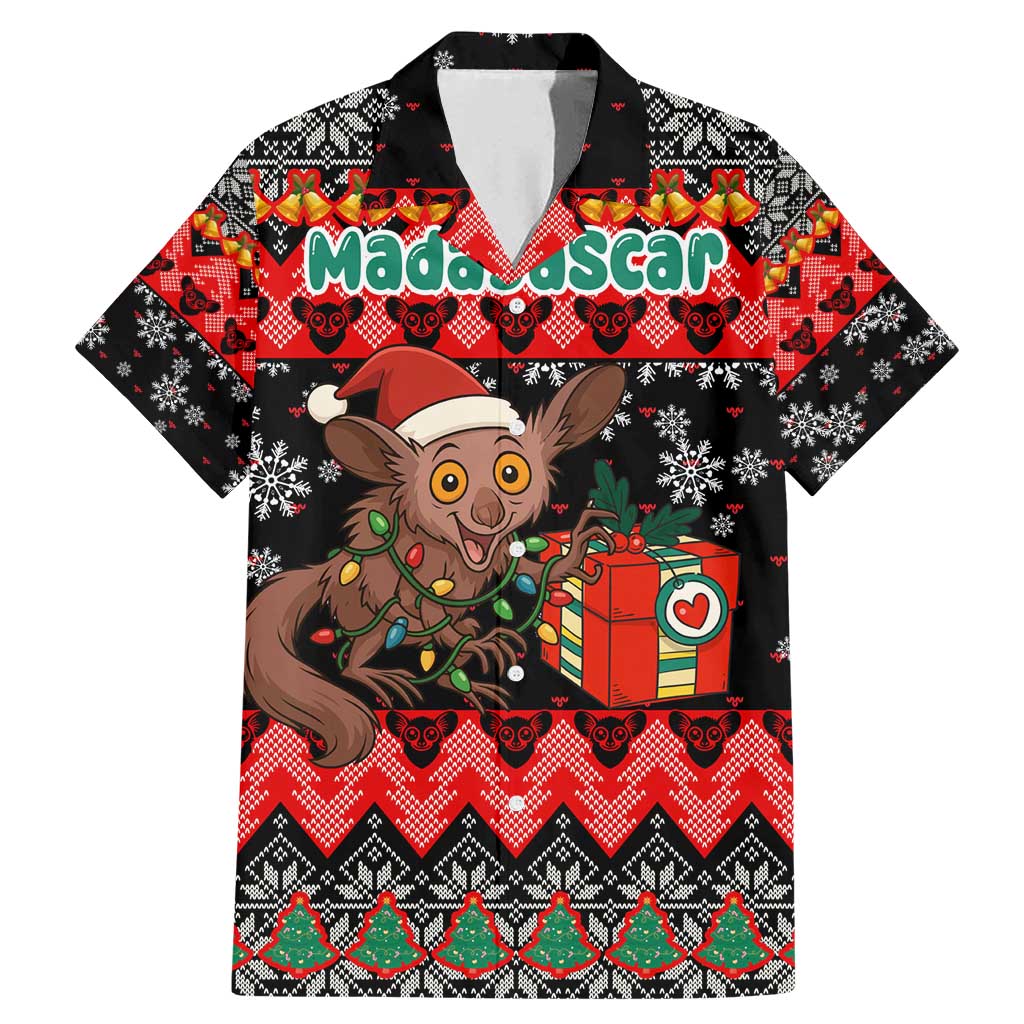 Madagascar Christmas Family Matching Mermaid Dress and Hawaiian Shirt with Aye Aye Lemur Santa Hat Holiday Lights and Gift Box Pattern - Wonder Print Shop