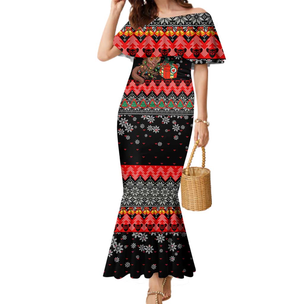 Madagascar Christmas Family Matching Mermaid Dress and Hawaiian Shirt with Aye Aye Lemur Santa Hat Holiday Lights and Gift Box Pattern - Wonder Print Shop