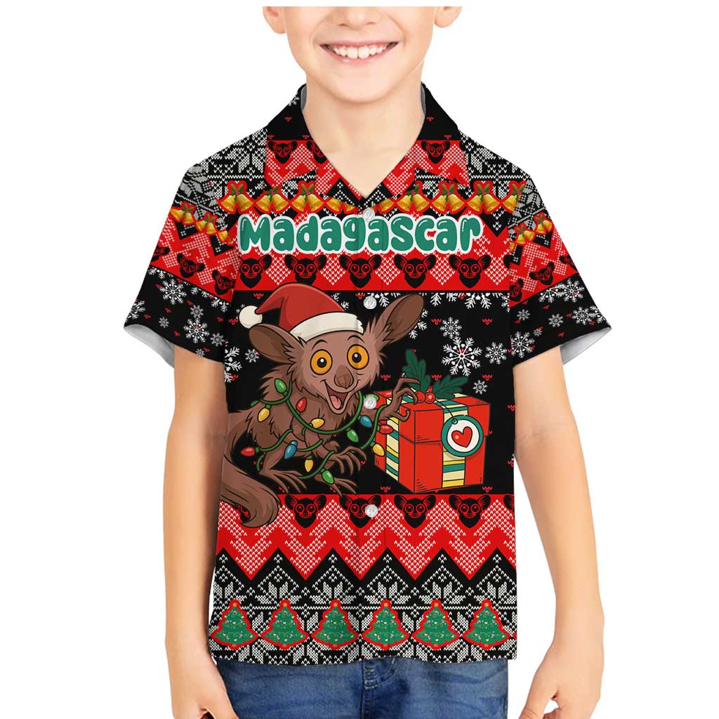 Madagascar Christmas Family Matching Mermaid Dress and Hawaiian Shirt with Aye Aye Lemur Santa Hat Holiday Lights and Gift Box Pattern - Wonder Print Shop