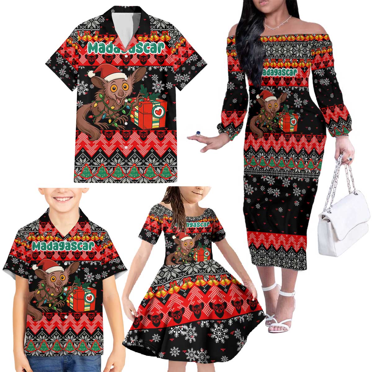 Madagascar Christmas Family Matching Off The Shoulder Long Sleeve Dress and Hawaiian Shirt with Aye Aye Lemur Santa Hat Holiday Lights and Gift Box Pattern - Wonder Print Shop