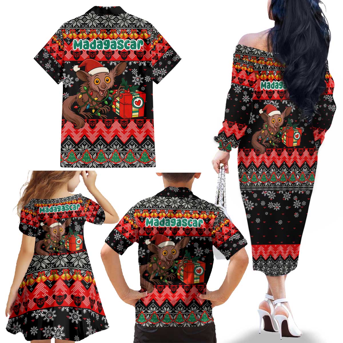 Madagascar Christmas Family Matching Off The Shoulder Long Sleeve Dress and Hawaiian Shirt with Aye Aye Lemur Santa Hat Holiday Lights and Gift Box Pattern - Wonder Print Shop