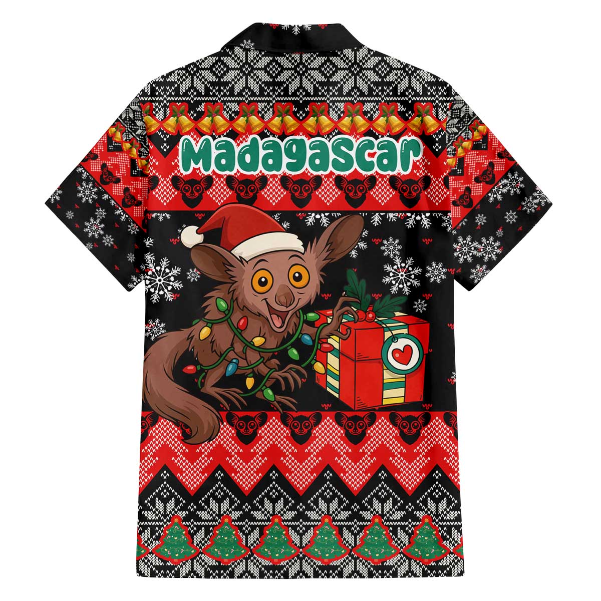 Madagascar Christmas Family Matching Off The Shoulder Long Sleeve Dress and Hawaiian Shirt with Aye Aye Lemur Santa Hat Holiday Lights and Gift Box Pattern - Wonder Print Shop