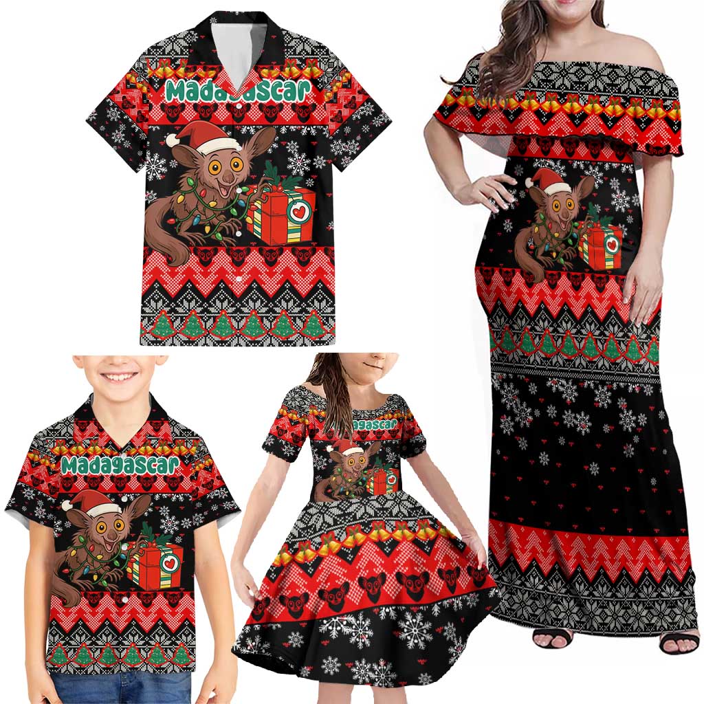 Madagascar Christmas Family Matching Off Shoulder Maxi Dress and Hawaiian Shirt with Aye Aye Lemur Santa Hat Holiday Lights and Gift Box Pattern - Wonder Print Shop