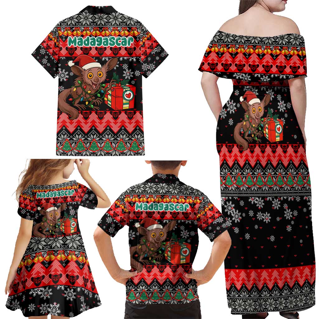 Madagascar Christmas Family Matching Off Shoulder Maxi Dress and Hawaiian Shirt with Aye Aye Lemur Santa Hat Holiday Lights and Gift Box Pattern - Wonder Print Shop