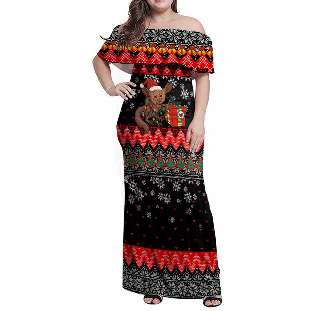Madagascar Christmas Family Matching Off Shoulder Maxi Dress and Hawaiian Shirt with Aye Aye Lemur Santa Hat Holiday Lights and Gift Box Pattern - Wonder Print Shop