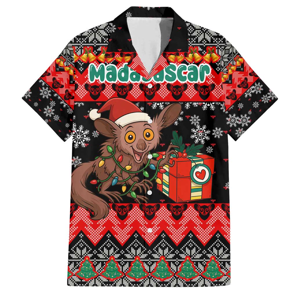 Madagascar Christmas Family Matching Off Shoulder Short Dress and Hawaiian Shirt with Aye Aye Lemur Santa Hat Holiday Lights and Gift Box Pattern - Wonder Print Shop
