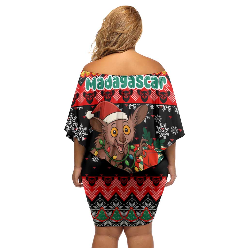 Madagascar Christmas Family Matching Off Shoulder Short Dress and Hawaiian Shirt with Aye Aye Lemur Santa Hat Holiday Lights and Gift Box Pattern - Wonder Print Shop
