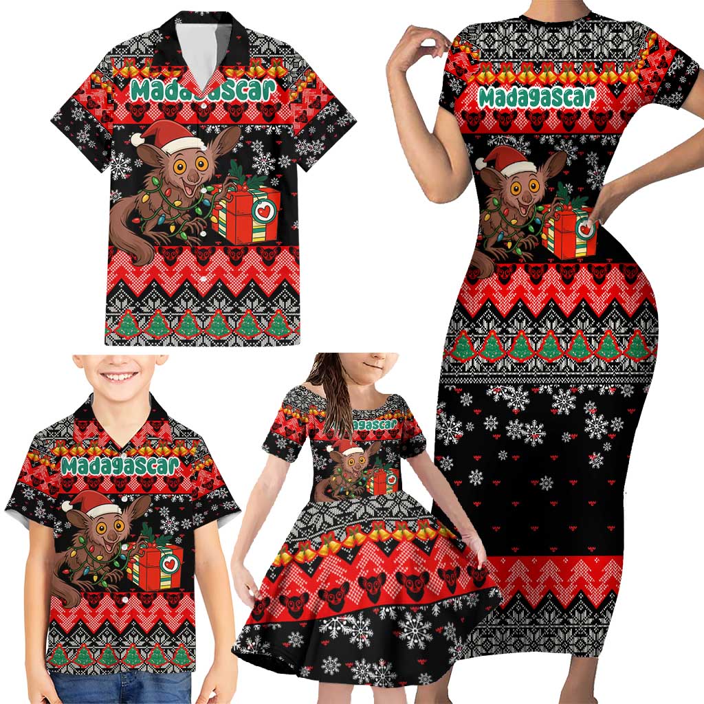 Madagascar Christmas Family Matching Short Sleeve Bodycon Dress and Hawaiian Shirt with Aye Aye Lemur Santa Hat Holiday Lights and Gift Box Pattern - Wonder Print Shop