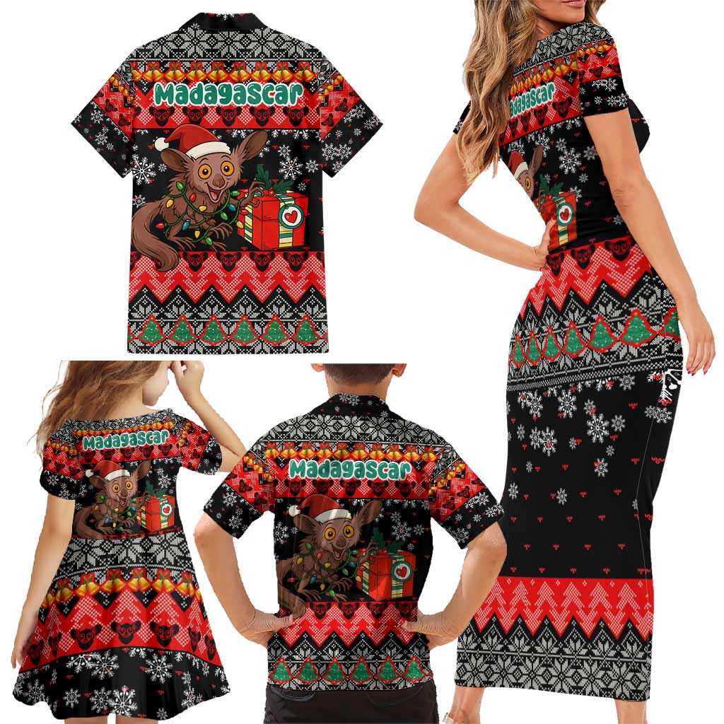 Madagascar Christmas Family Matching Short Sleeve Bodycon Dress and Hawaiian Shirt with Aye Aye Lemur Santa Hat Holiday Lights and Gift Box Pattern - Wonder Print Shop