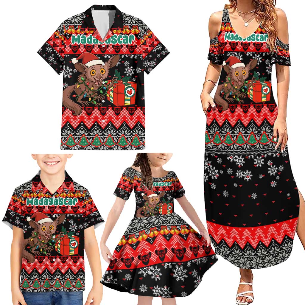 Madagascar Christmas Family Matching Summer Maxi Dress and Hawaiian Shirt with Aye Aye Lemur Santa Hat Holiday Lights and Gift Box Pattern - Wonder Print Shop