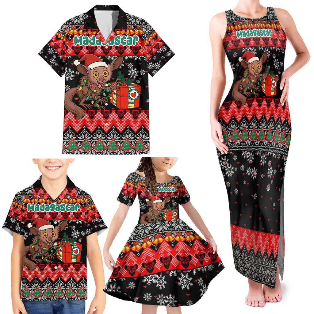 Madagascar Christmas Family Matching Tank Maxi Dress and Hawaiian Shirt with Aye Aye Lemur Santa Hat Holiday Lights and Gift Box Pattern - Wonder Print Shop