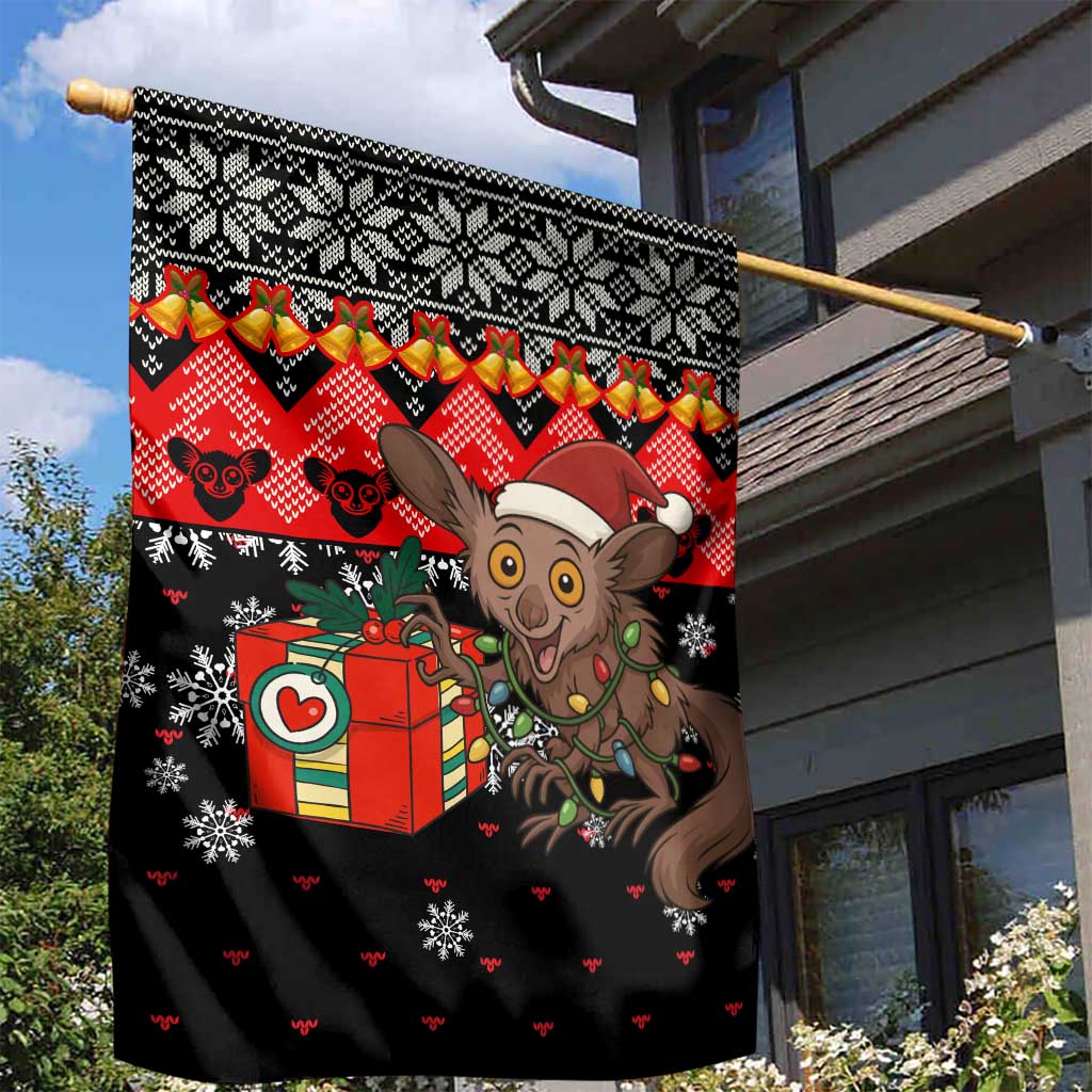 Madagascar Christmas Garden Flag with Aye Aye Lemur Santa Hat Holiday Lights and Gift Box Pattern - Wonder Print Shop