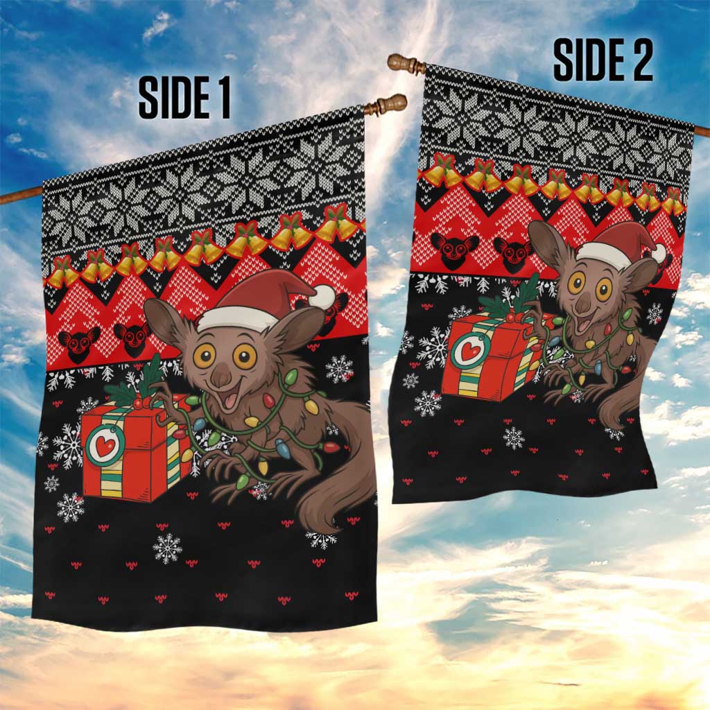 Madagascar Christmas Garden Flag with Aye Aye Lemur Santa Hat Holiday Lights and Gift Box Pattern - Wonder Print Shop