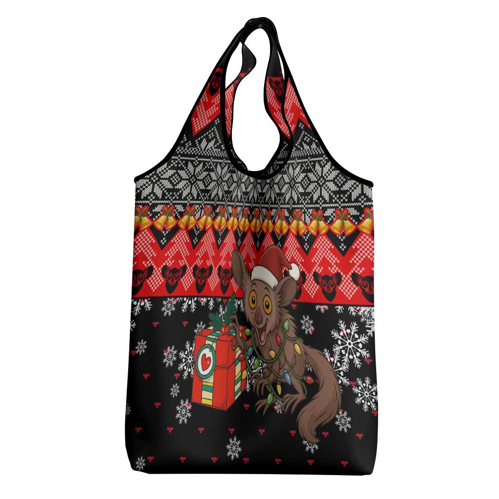 Madagascar Christmas Grocery Bag with Aye Aye Lemur Santa Hat Holiday Lights and Gift Box Pattern - Wonder Print Shop