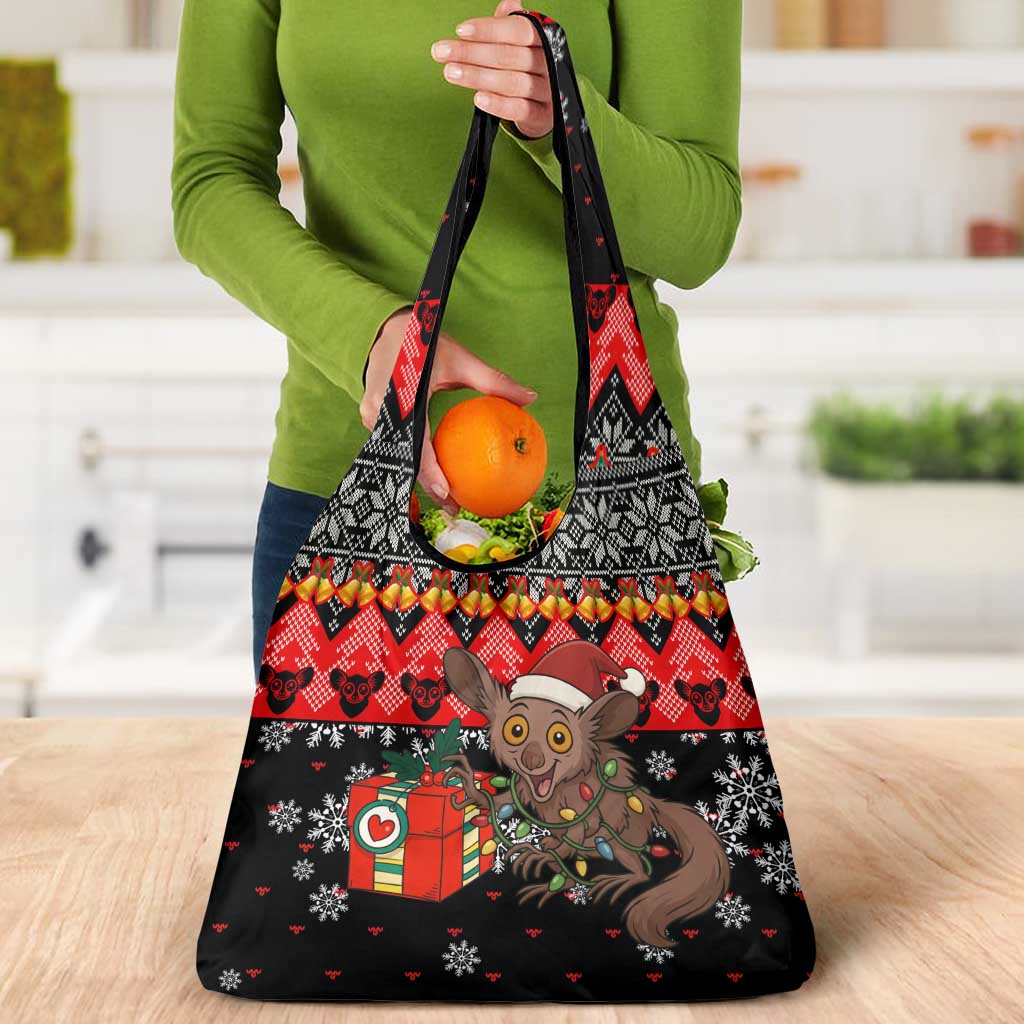 Madagascar Christmas Grocery Bag with Aye Aye Lemur Santa Hat Holiday Lights and Gift Box Pattern - Wonder Print Shop