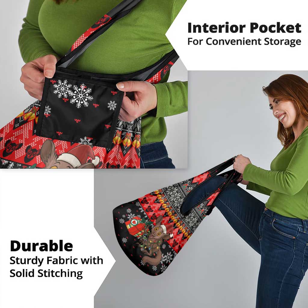 Madagascar Christmas Grocery Bag with Aye Aye Lemur Santa Hat Holiday Lights and Gift Box Pattern - Wonder Print Shop