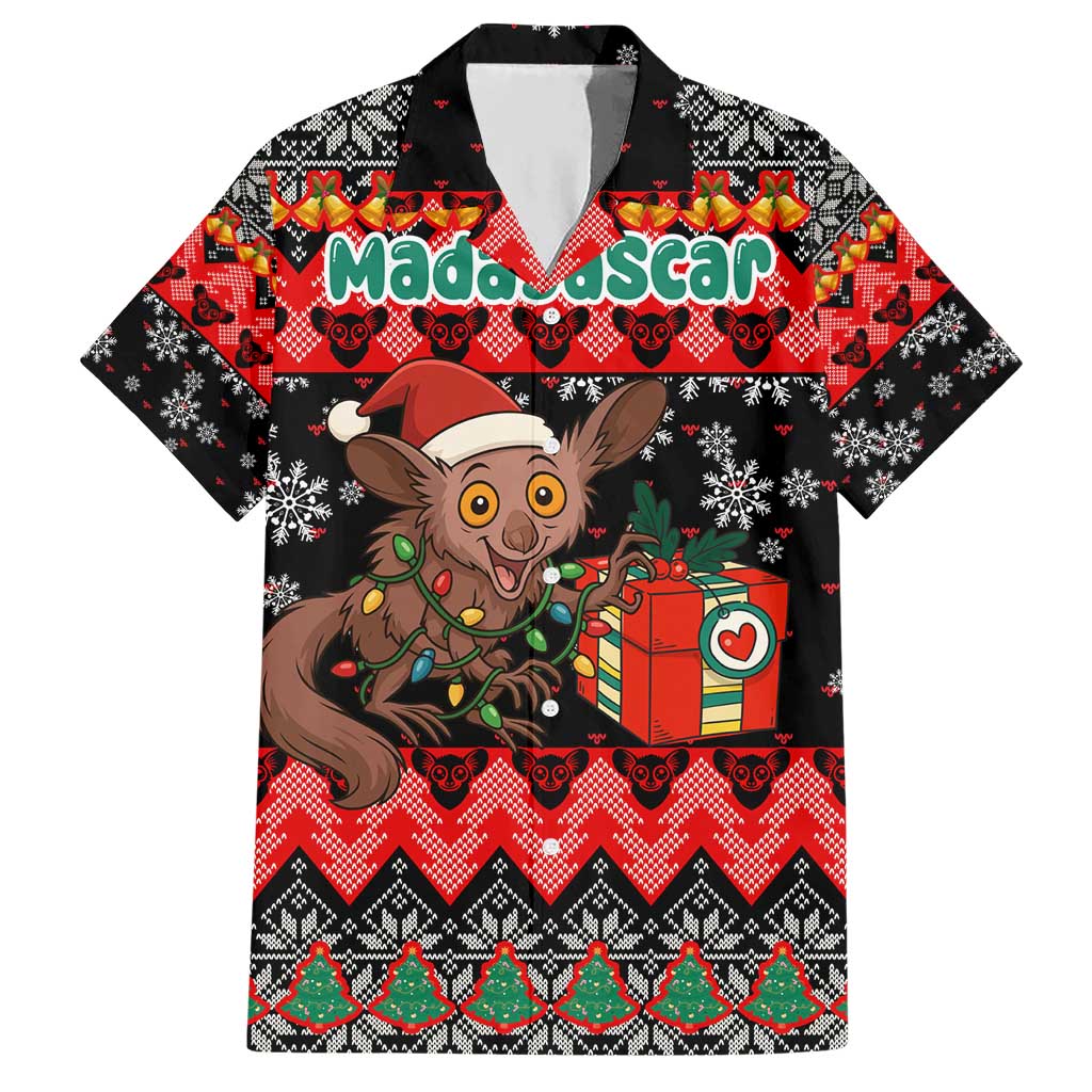Madagascar Christmas Hawaiian Shirt with Aye Aye Lemur Santa Hat Holiday Lights and Gift Box Pattern - Wonder Print Shop