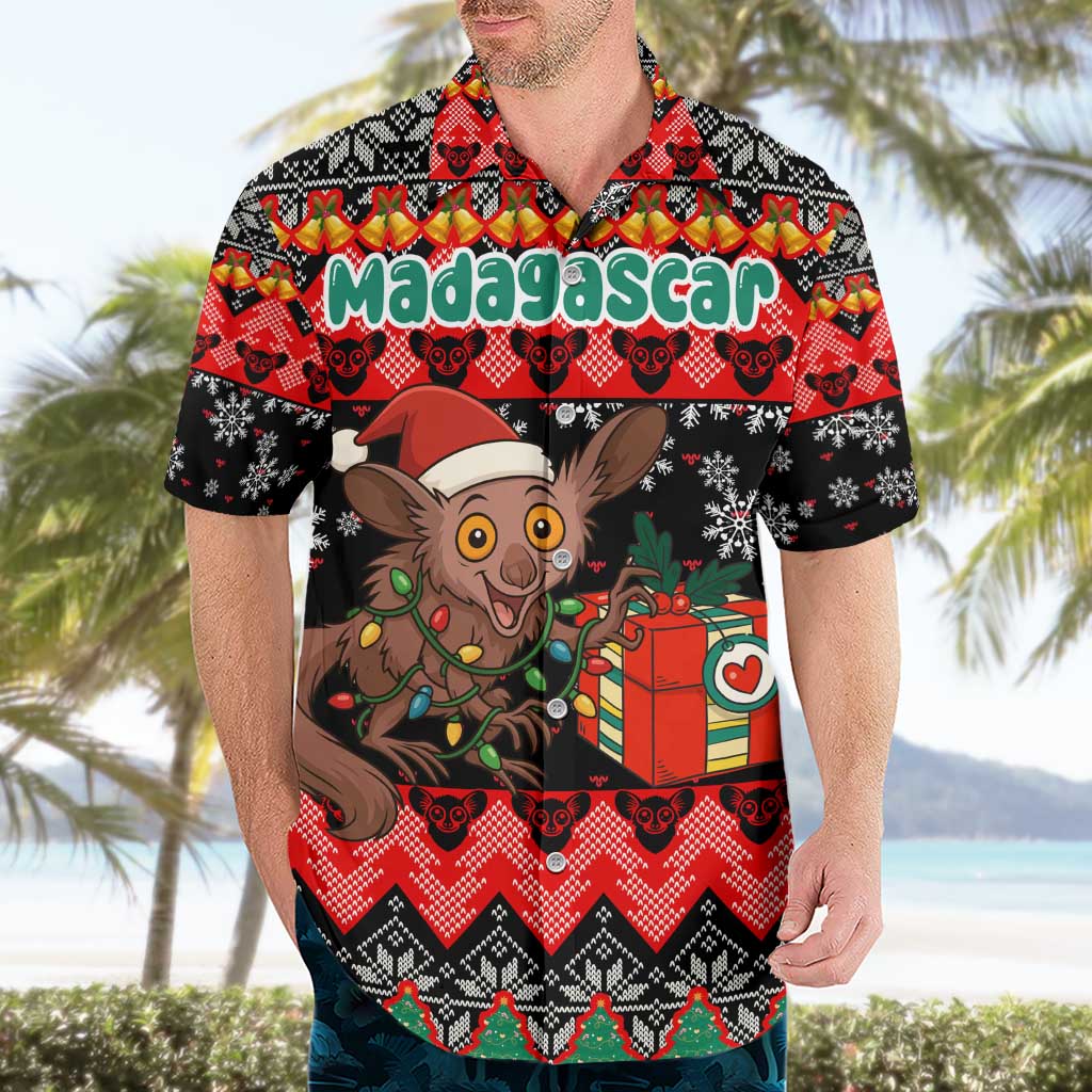 Madagascar Christmas Hawaiian Shirt with Aye Aye Lemur Santa Hat Holiday Lights and Gift Box Pattern - Wonder Print Shop