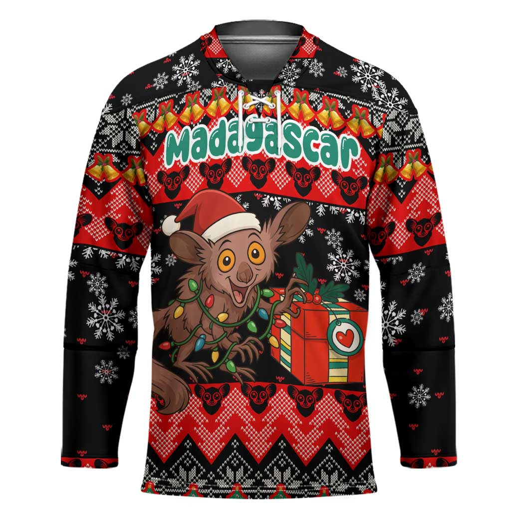 Madagascar Christmas Hockey Jersey with Aye Aye Lemur Santa Hat Holiday Lights and Gift Box Pattern - Wonder Print Shop