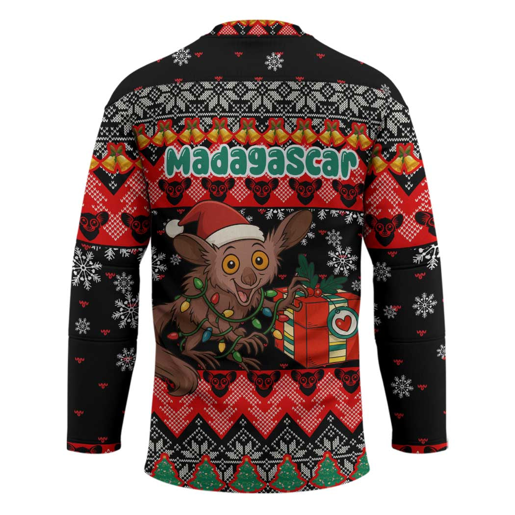 Madagascar Christmas Hockey Jersey with Aye Aye Lemur Santa Hat Holiday Lights and Gift Box Pattern - Wonder Print Shop