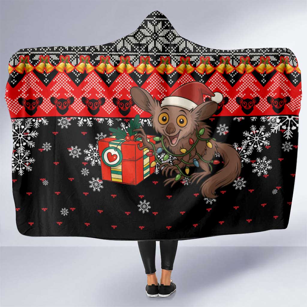 Madagascar Christmas Hooded Blanket with Aye Aye Lemur Santa Hat Holiday Lights and Gift Box Pattern - Wonder Print Shop