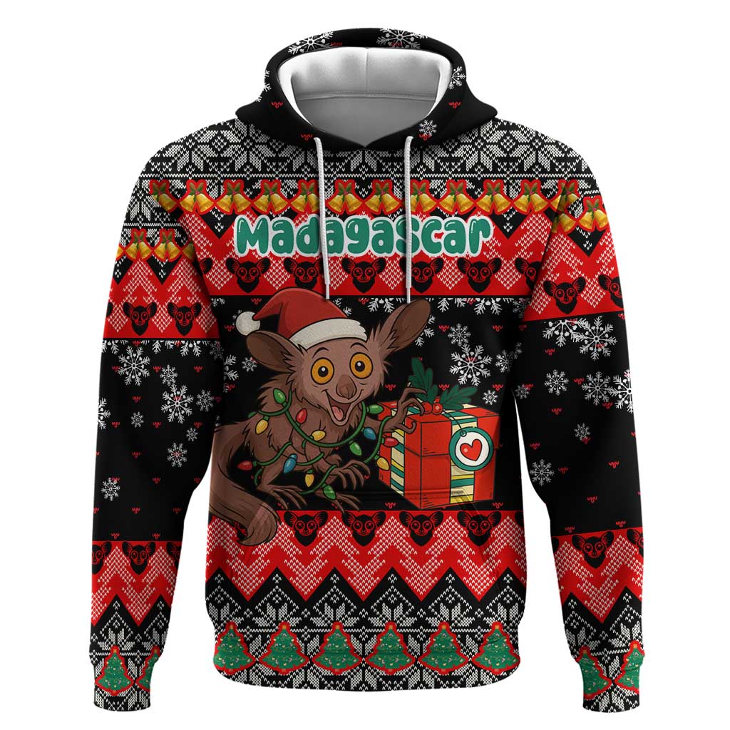 Madagascar Christmas Hoodie with Aye Aye Lemur Santa Hat Holiday Lights and Gift Box Pattern - Wonder Print Shop