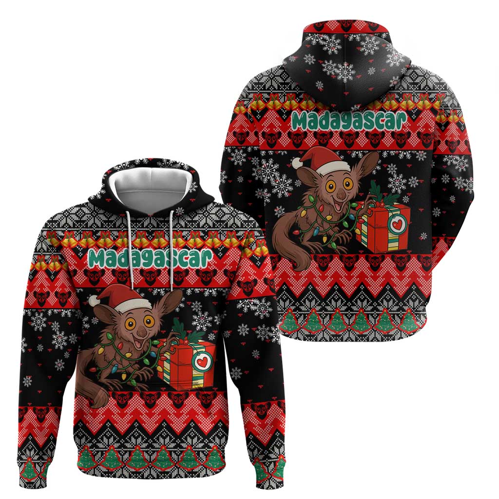 Madagascar Christmas Hoodie with Aye Aye Lemur Santa Hat Holiday Lights and Gift Box Pattern - Wonder Print Shop