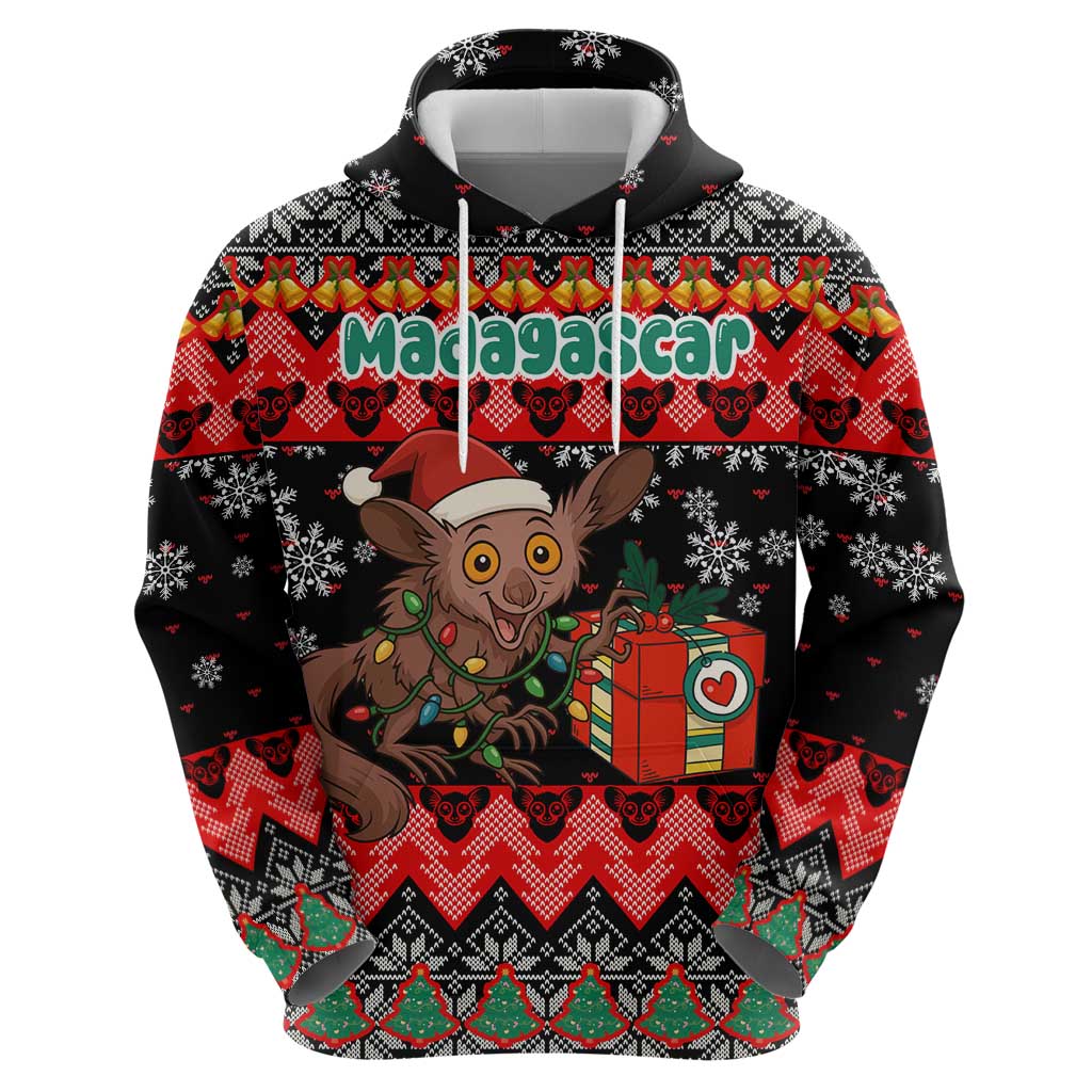 Madagascar Christmas Hoodie with Aye Aye Lemur Santa Hat Holiday Lights and Gift Box Pattern - Wonder Print Shop