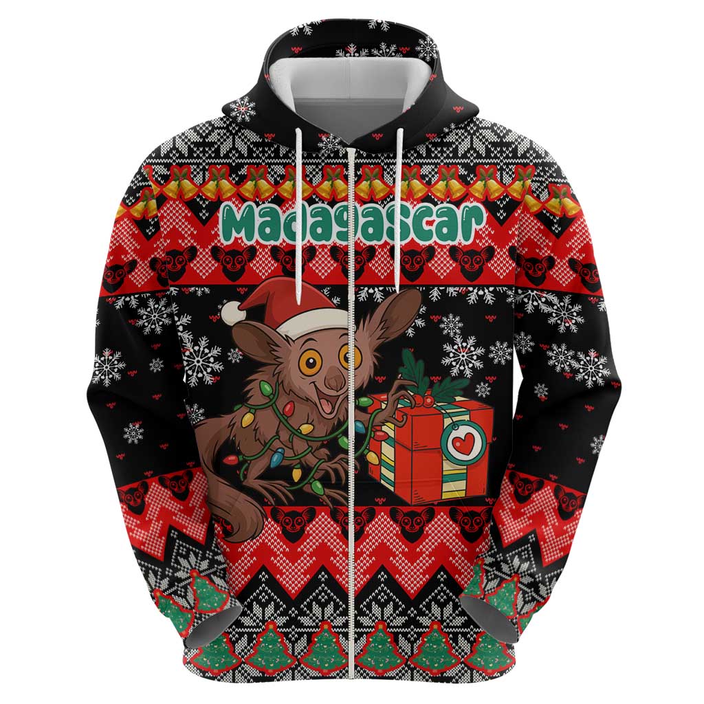 Madagascar Christmas Hoodie with Aye Aye Lemur Santa Hat Holiday Lights and Gift Box Pattern - Wonder Print Shop
