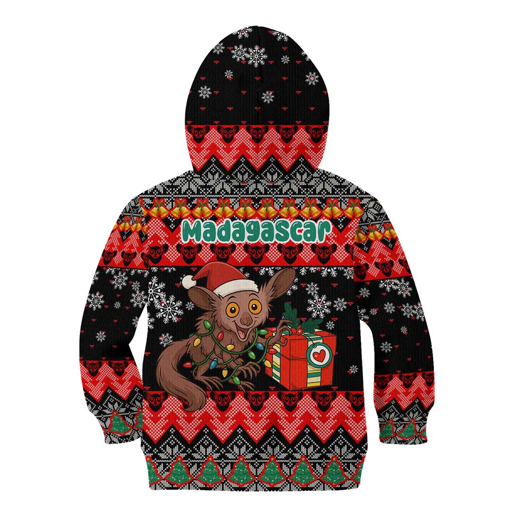 Madagascar Christmas Kid Hoodie with Aye Aye Lemur Santa Hat Holiday Lights and Gift Box Pattern - Wonder Print Shop