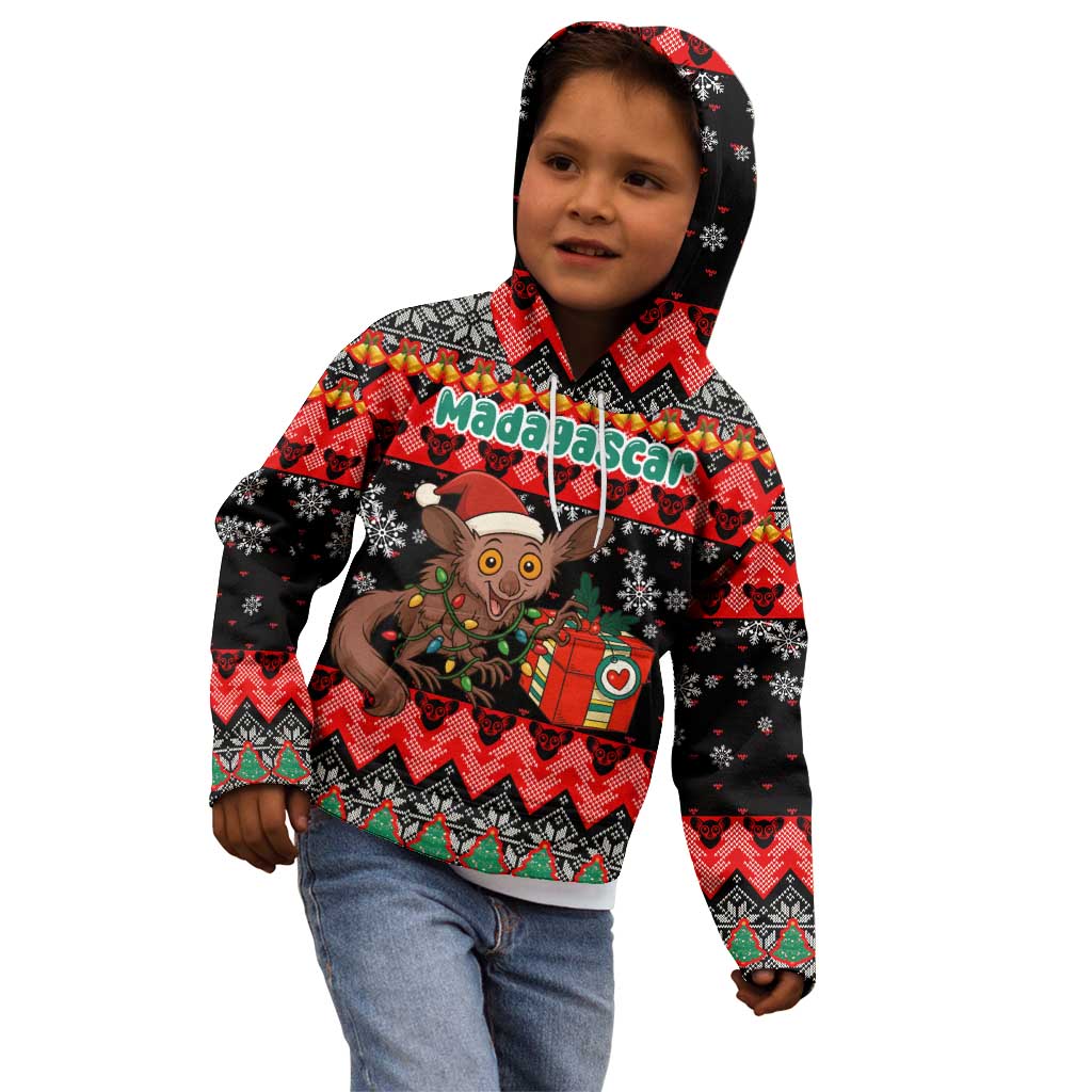 Madagascar Christmas Kid Hoodie with Aye Aye Lemur Santa Hat Holiday Lights and Gift Box Pattern - Wonder Print Shop