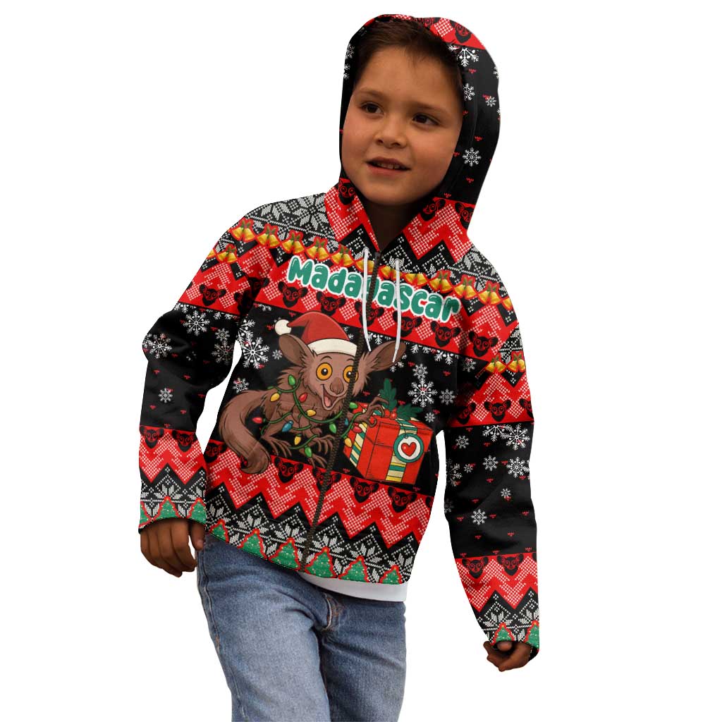 Madagascar Christmas Kid Hoodie with Aye Aye Lemur Santa Hat Holiday Lights and Gift Box Pattern - Wonder Print Shop