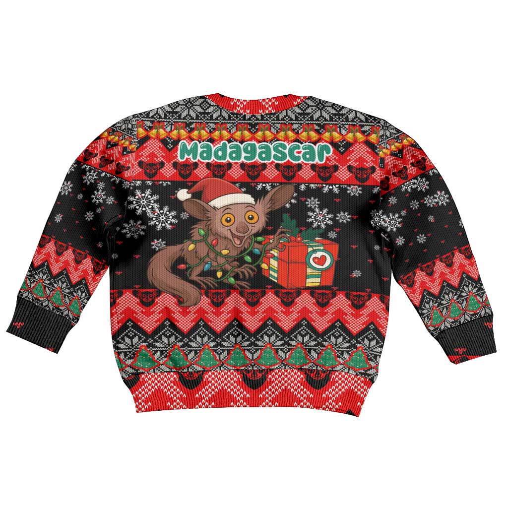 Madagascar Christmas Kid Ugly Christmas Sweater with Aye Aye Lemur Santa Hat Holiday Lights and Gift Box Pattern - Wonder Print Shop