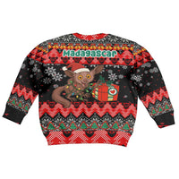 Madagascar Christmas Kid Ugly Christmas Sweater with Aye Aye Lemur Santa Hat Holiday Lights and Gift Box Pattern - Wonder Print Shop