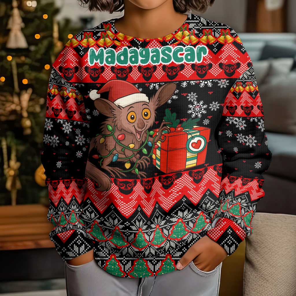 Madagascar Christmas Kid Ugly Christmas Sweater with Aye Aye Lemur Santa Hat Holiday Lights and Gift Box Pattern - Wonder Print Shop