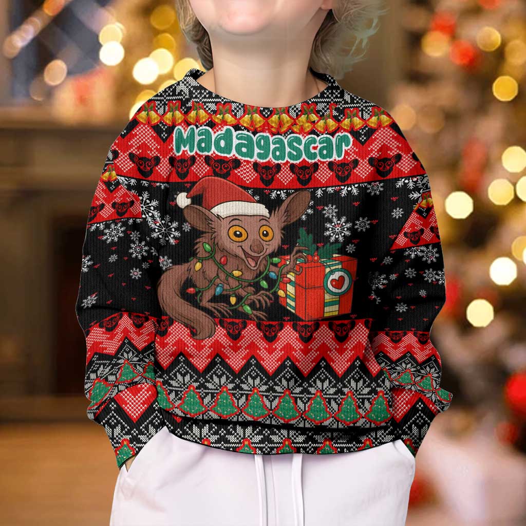Madagascar Christmas Kid Ugly Christmas Sweater with Aye Aye Lemur Santa Hat Holiday Lights and Gift Box Pattern - Wonder Print Shop